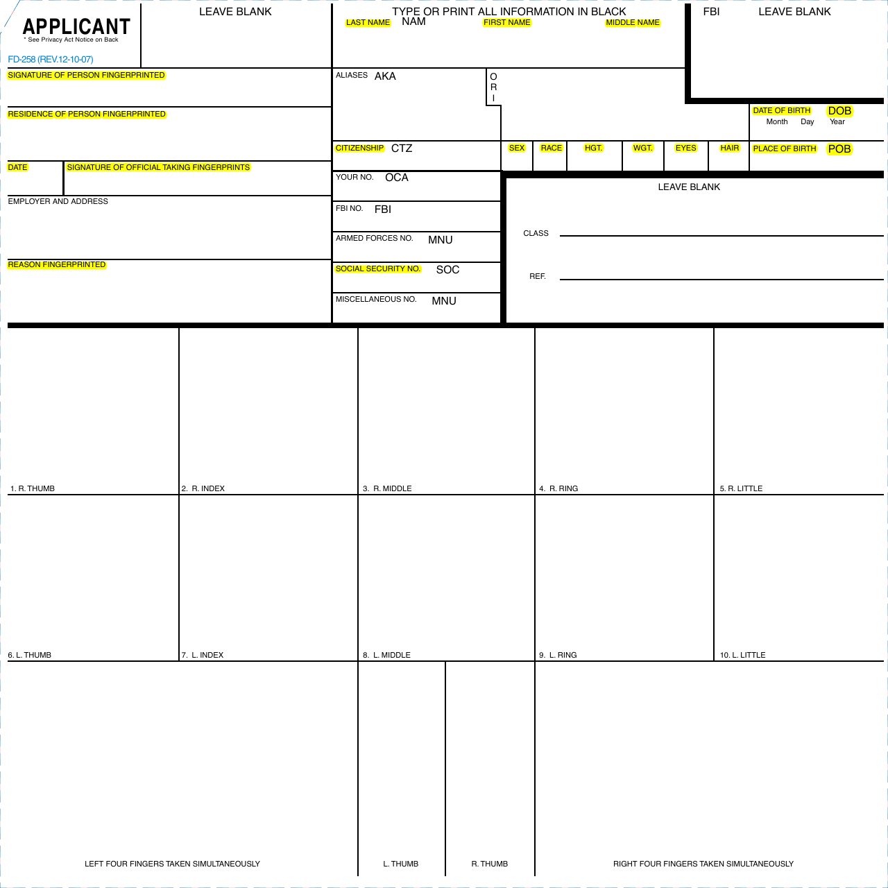 FD-258 applicant fingerprint card